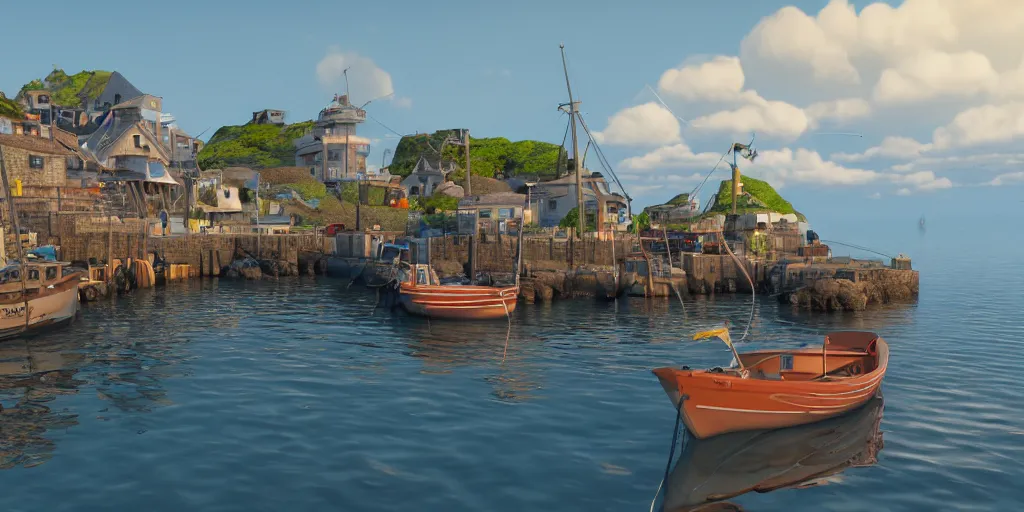 Image similar to a film still of fishing harbour in a small seaside village, medium shot, waist up, studio Ghibli, Pixar and Disney animation, sharp, Rendered in Unreal Engine 5, Bloom, dramatic lighting