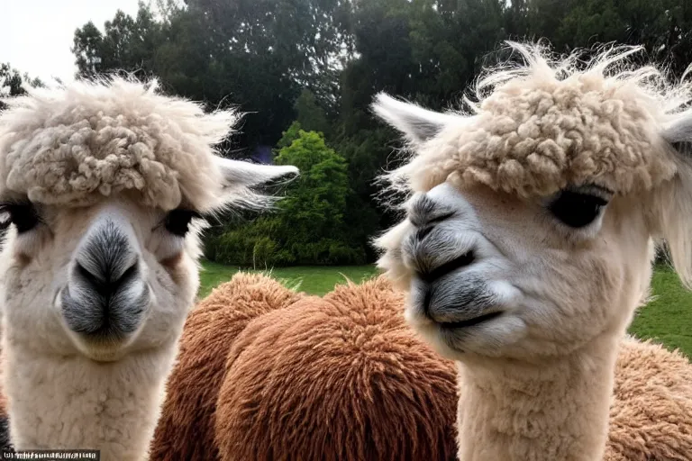 Image similar to <picture quality=4k-ultra-hd mode='attention grabbing'>Adorable alpaca looks into the camera knowingly as a house burns behind it - inspired by Disaster Girl</picture>