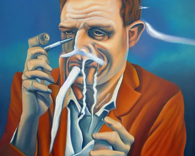 Prompt: a surreal painting of man smoking a joint
