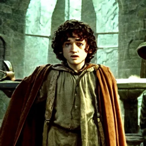 Image similar to frodo baggins wearing the sorting hat, in hogwarts, cinematic