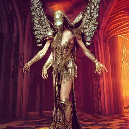 Prompt: tall female angel, wings, shrouded, veiled, ornate cyberpunk armor :: ornate cyberpunk interior, ruins, high arches, cyberpunk cathedral, Golden Light, Cathedral, 8K, trending on artstation, volumetric light, lightrays, smoke, cinematic, atmospheric, octane render, insanely detailed and intricate, hypermaximalist, elegant, ornate, luxury, elite, by James Jean, hyper realistic, super detailed, golden ratio