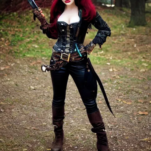 Prompt: full body photo of beautiful steampunk rogue with daggers