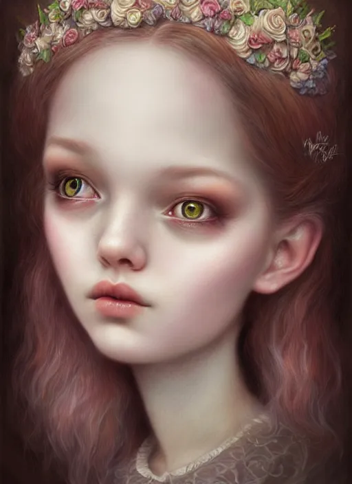 Image similar to portrait of an fairytale princess, beautiful face, hyper realistic, highly detailed, digital painting, artstation, illustration, concept art by nicoletta ceccoli and mark ryden, digital paint, matte paint, washed colors, eating cakes, dark, gloomy, foggy