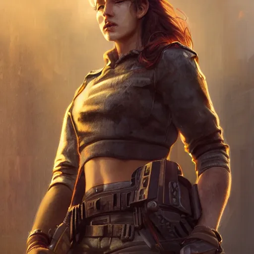 Prompt: fallout 5, charismatic beautiful rugged brunette female raider, portrait, outdoors cityscape, atmospheric lighting, painted, intricate, volumetric lighting, beautiful, daytime, sunny weather, slight overcast, sharp focus, deep colours, ultra detailed, by leesha hannigan, ross tran, thierry doizon, kai carpenter, ignacio fernandez rios