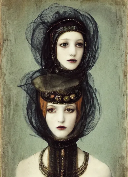 Image similar to portrait of young woman in renaissance dress and renaissance headdress, art by paolo roversi