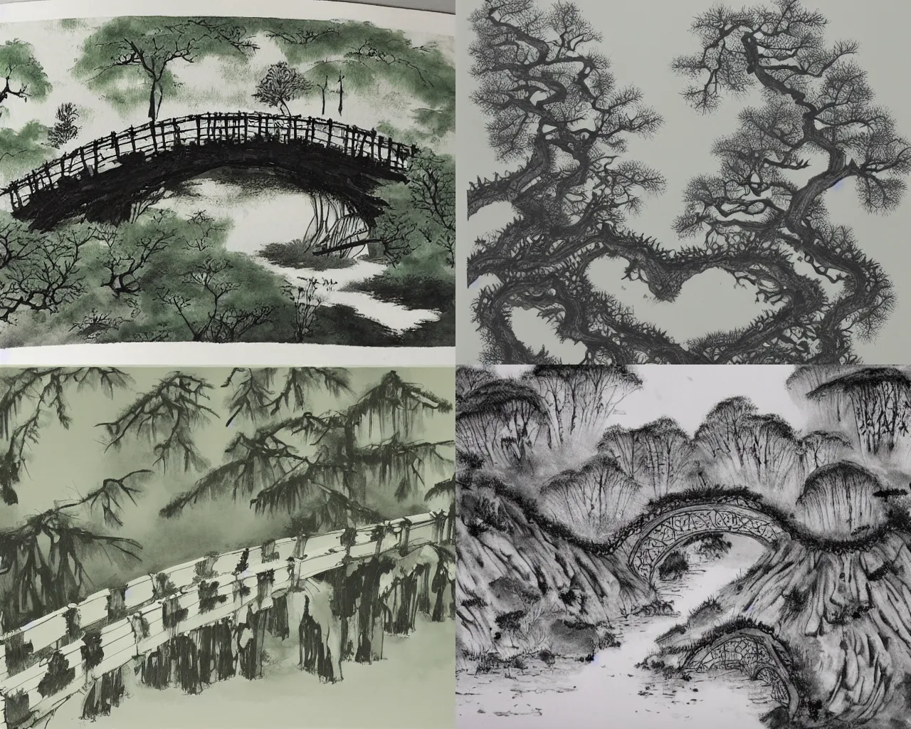 Prompt: ink painting of a forest bridge by qian xuan, shen zhou