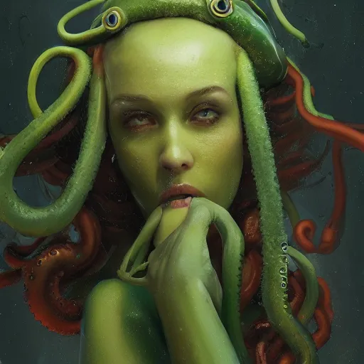 Image similar to A girl in a green dress, with tentacles coming out from underneath the dress, huggy wuggy from poppy playtime video game, fullbody, ultra high detailed, oil painting, Greg Rutkowski, Charlie Bowater, Yuumei, Yanjun Cheng, unreal 5, DAZ, hyperrealistic, octane render, RPG portrait, dynamic lighting, fantasy art, beautiful face