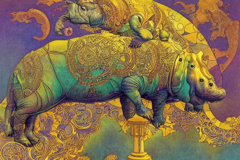 Image similar to beautiful mechanical hippopotamus by maxfield parrish, mandala, coherent design, symmetrical, vivid colors, digital watercolor ink illustration painting, complementary color, golden ratio, detailed, sharp lines, sharp focus, intricate, rainbowshift, artgerm, gustave dore, alphonse mucha, octane render