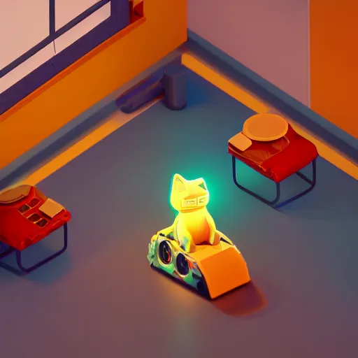 Image similar to isometric cute cat robot in a house, realistic 3d model, very colourful, hdr, cinematic lighting, hard light, soft neon, octane render, trending on Artstation