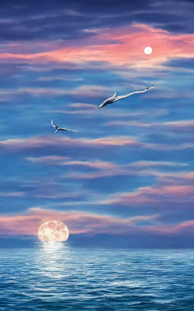 Prompt: realistic ocean in the sky, dusk, whale, clouds, moon, water, seagulls