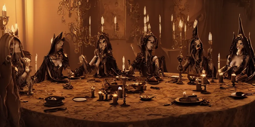 Image similar to dark witches sitting at a table doing a ritual. Ornate details, award winning. Octane render, 4k, 8k, unreal 5, very detailed, hyper control-realism, trending on artstation.”