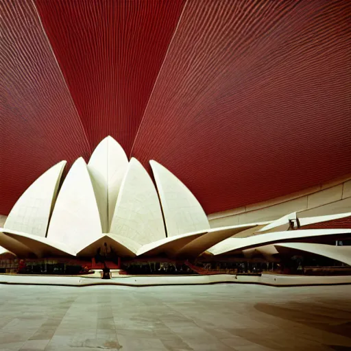 Image similar to futuristic lotus temple space station with gold, red and white marble panels, by buckminster fuller and syd mead, intricate contemporary architecture, photo journalism, photography, cinematic, national geographic photoshoot