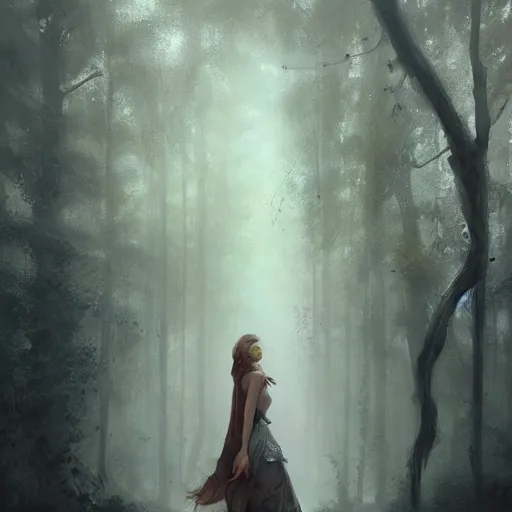 Prompt: a painting of a woman walking through a forest, a detailed matte painting by Bastien Lecouffe-Deharme, trending on cgsociety, fantasy art, matte painting, enchanting, cryengine