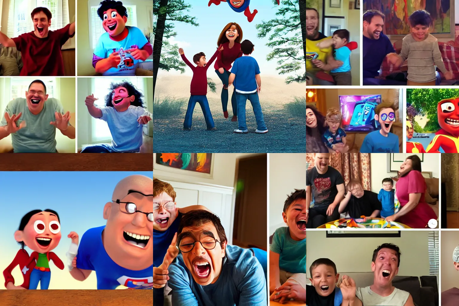 Prompt: family calling each other, laughing, brother is superhuman, in style of pixar,