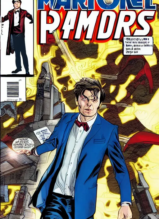 Prompt: A marvel comic book cover of the tenth doctor standing in front of the Tardis, daytime