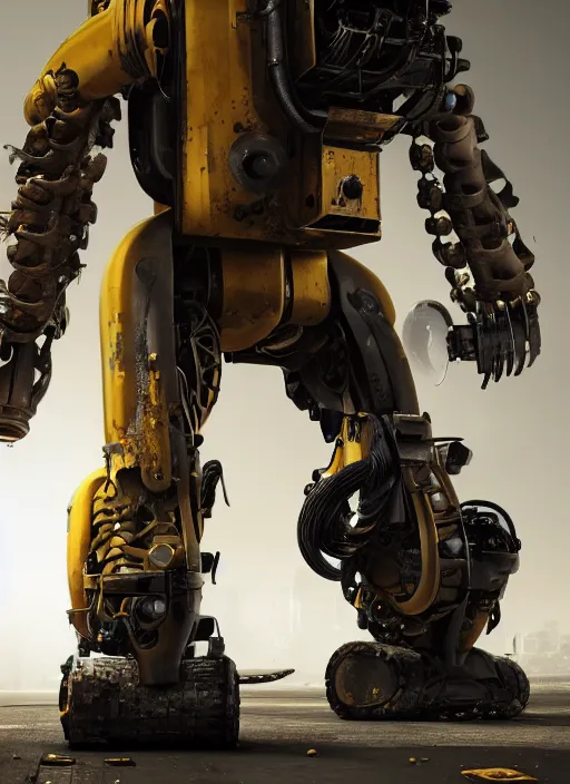 Image similar to a photorealistic dramatic hyperrealistic render of a futuristic exosuit power loader heavy machinery, ultra realistic details, glossy yellow, well worn, rust, oil stains by vitaly bulgarov and mike nash, beautiful dramatic dark moody tones and lighting, cinematic atmosphere, studio lighting, global illumination, shadows, dark background, octane render, 8 k