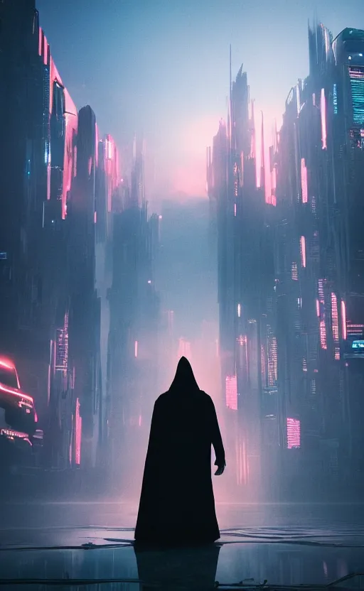 Image similar to a singular cloaked figure standing in the foreground of a cyberpunk landscape, synth, puddles, sunrise