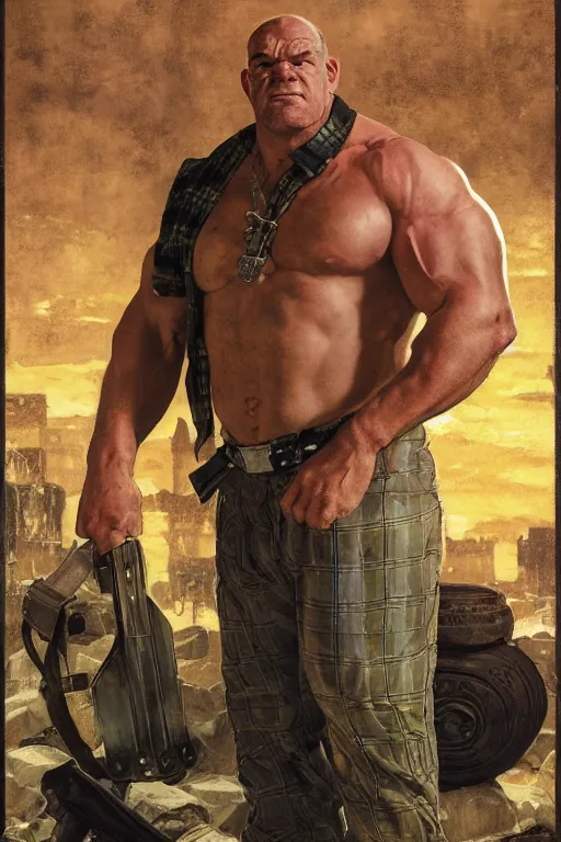 Image similar to upper body and head portrait of huge hulking absurdly muscular jocko willink as marvel character wearing plaid shirt and pants against simple background by alex ross and jack kirby and sergey kolesov and jason fabok and lawrence alma tadema and norman rockwell and greg staples, photoreal, cinematic, 4 k, high detail