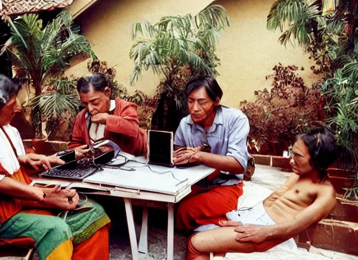 Image similar to Ancient Aztecs using computer at a lan house, Ancient, award winning photo by Slim Aarons ,