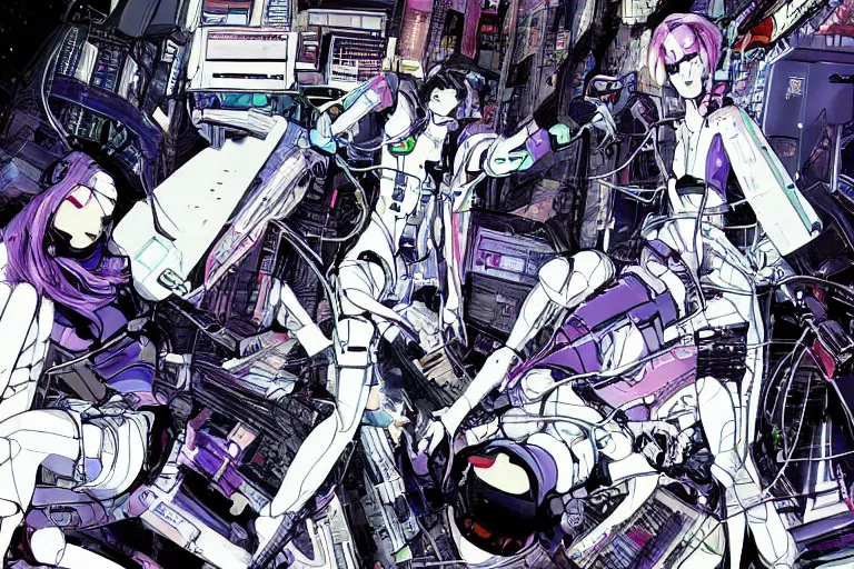 Image similar to a cyberpunk illustration of a group of female androids in style of masamune shirow, lying scattered across an empty, white floor with their bodies rotated in different poses and cables and wires coming out, by yukito kishiro and katsuhiro otomo, hyper-detailed, intricate