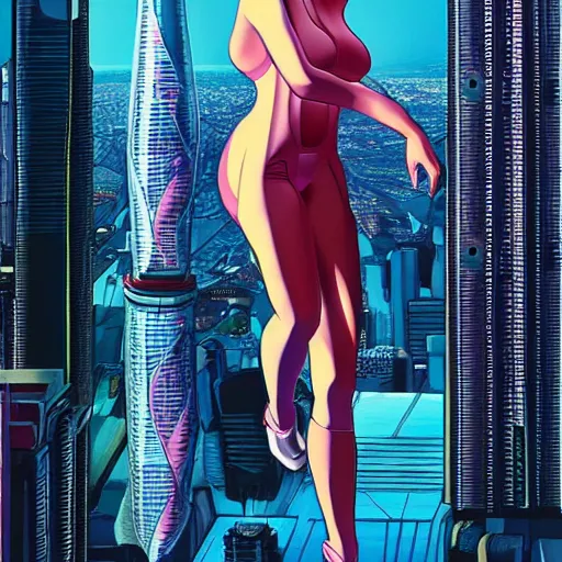 Prompt: « highly detailed, scarlett johnson caring a gun, full body portrait, ghost in the shell, view on the city on the top of a skyscraper »