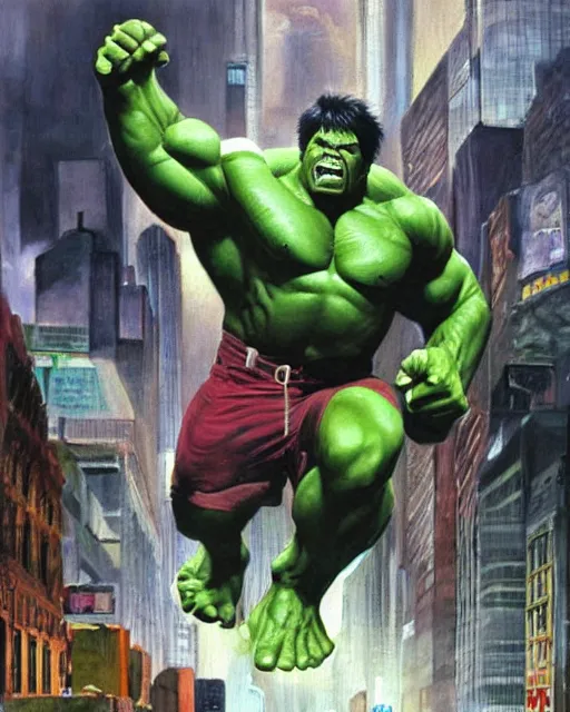 Image similar to a moody oil painting of the incredible hulk looking angry at noon in a city by alex ross.