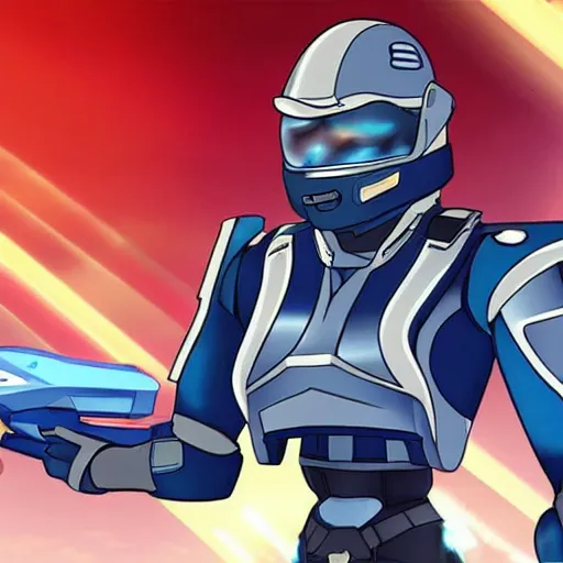 Image similar to a futuristic soldier captain with a metal visor and a blue shoulderpad in anime style