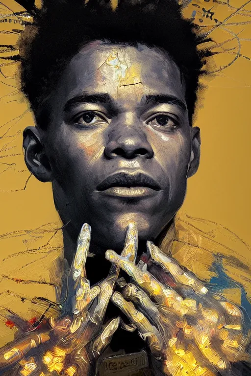 Prompt: portrait of jean basquiat, intricate, elegant, glowing lights, highly detailed, digital painting, artstation, sharp focus, illustration, art by wlop, mars ravelo and greg rutkowski