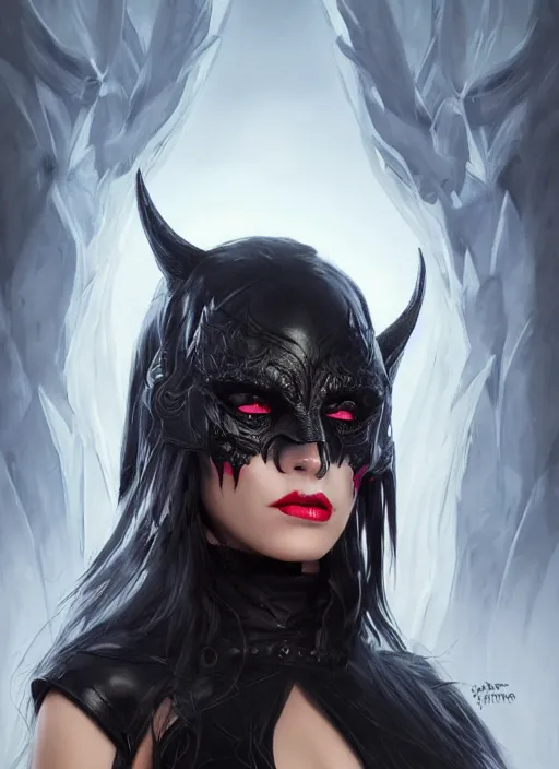 Prompt: demon princess in black leather mask, beautiful eyes and lips, art by artgerm and greg rutkowski and magali villeneuve, highly detailed, digital painting, trending on artstation, concept art, sharp focus, illustration