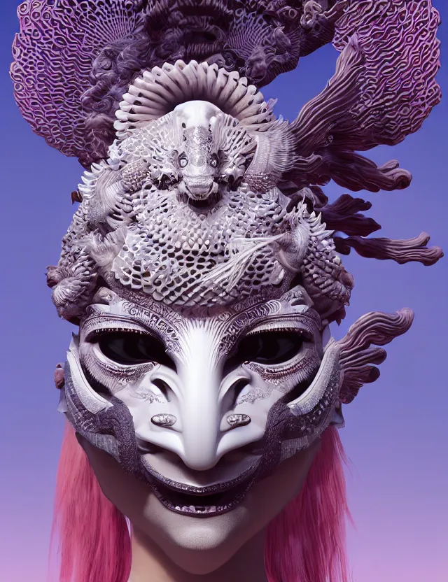 Image similar to 3 d goddess close - up frontal portrait with ram skull. beautiful intricately detailed japanese crow kitsune mask and clasical japanese kimono. betta fish, jellyfish phoenix, bio luminescent, plasma, ice, water, wind, creature, artwork by tooth wu and wlop and beeple and greg rutkowski