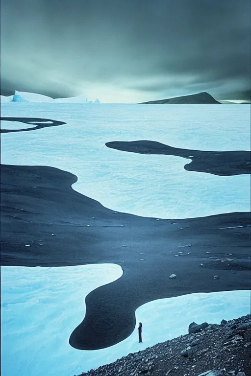 Image similar to emissary edge of a glacier in iceland by arthur haas and bruce pennington and john schoenherr, cinematic matte painting, zaha hadid building, photo realism, dark moody color palate, blue hour stars, desolate glacial landscape,