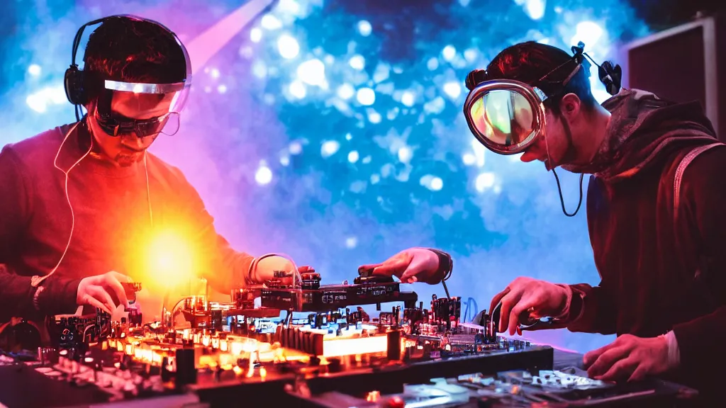 Image similar to a person wearing goggles and visor and headphones using a steampunk record player contraption, wires and tubes, turntablism dj scratching, intricate planetary gears, cinematic, imax, sharp focus, leds, bokeh, iridescent, black light, fog machine, hazy, lasers