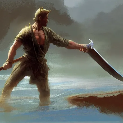 Prompt: a digital painting of a hand holding a sword emerging from a lake by james gurney, craig mullins and frank frazetta