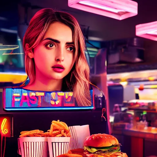 Prompt: ana de armas portrait working in a fast food restaurant, in a cinematic cyberpunk style photorealistic, soft neon light, 3 5 mm