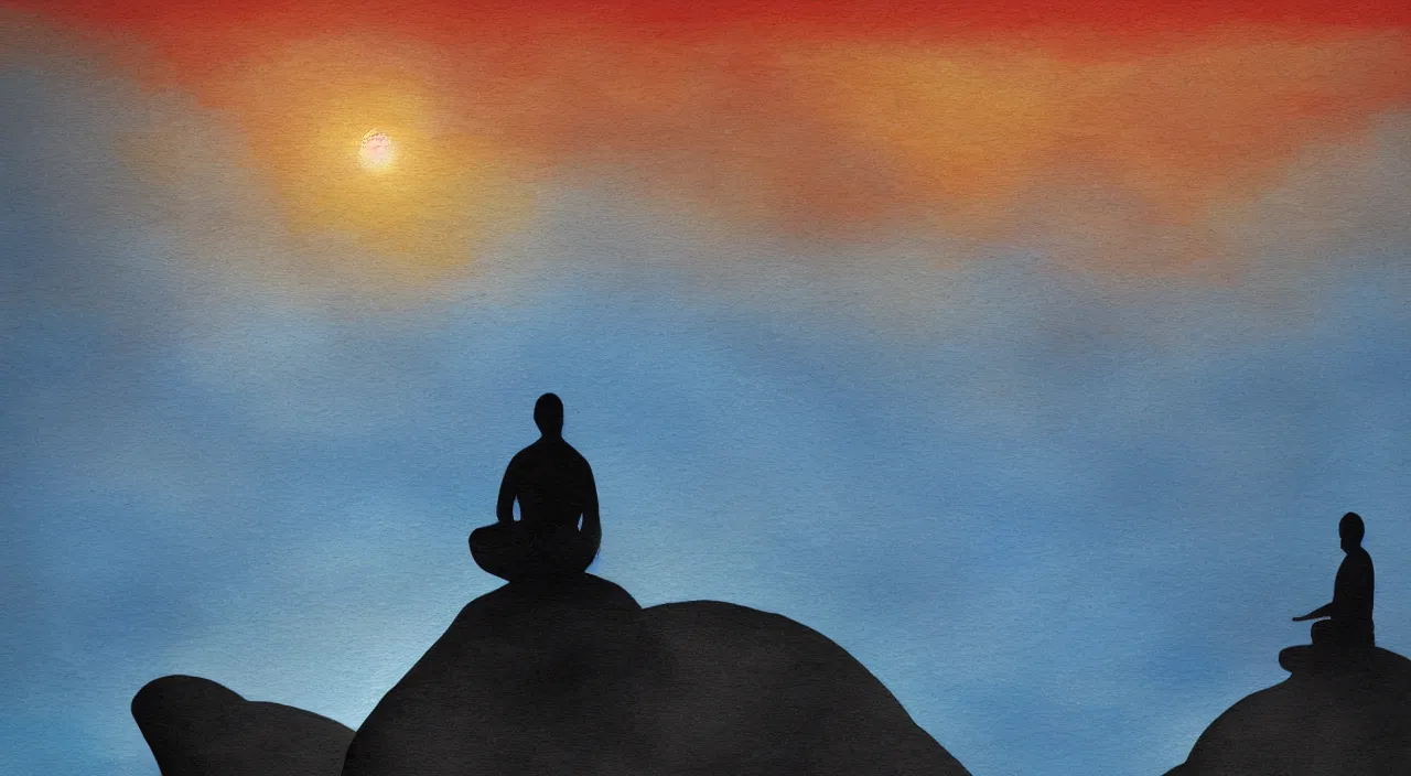 Image similar to visionary art painted style a lonely silhouette of a meditating monk sitting in the fog on a stone protruding from the water in the rays of the morning sun