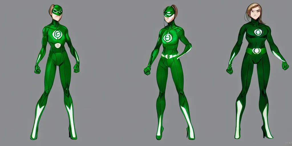 Image similar to full body exaggerated outfit, female green lantern character clean concepts by senior concept artist in the anime film, suit, powers, glowing, stronge, smooth, high detail, featured on artstation