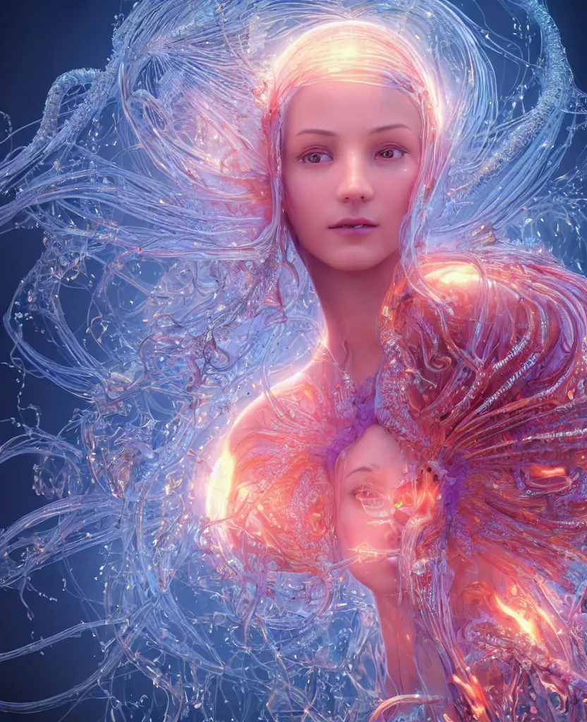 Image similar to close-up macro portrait of the face of a beautiful princess, epic angle and pose, symmetrical artwork, 3d with depth of field, blurred background, cybernetic jellyfish female face skull phoenix bird, translucent, nautilus, energy flows of water and fire. a highly detailed epic cinematic concept art CG render. made in Maya, Blender and Photoshop, octane render, excellent composition, cinematic dystopian brutalist atmosphere, dynamic dramatic cinematic lighting, aesthetic, very inspirational, arthouse. y Greg Rutkowski, Ilya Kuvshinov, WLOP, Stanley Artgerm Lau, Ruan Jia and Fenghua Zhong