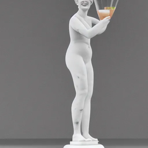 Image similar to a smiling model of a white marble human statue with clothes holding a coctail, digital illustration, in the style of skeeva, 3 d render, above the waist