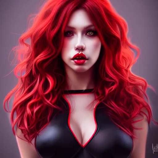 Image similar to a realistic illustration portrait of a beautiful liz katz with curly black and red hair, black eyeliner, trending on artstation, hyper - realistic lighting, intricate, ross tran