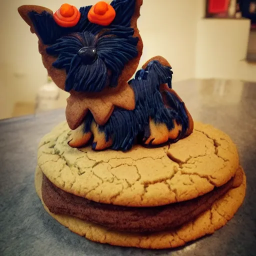 Prompt: a cute yorkshire terrier made entirely out of cookies, sitting on a bakery countertop, detailed, trending on artstation