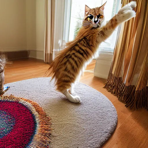 Prompt: cream color maine coon cat chasing a cat feather toy in a sunlit bedroom, hardwood floors with a colorful throw rug, bay window sofa in the background, high energy, by Jeff Easley