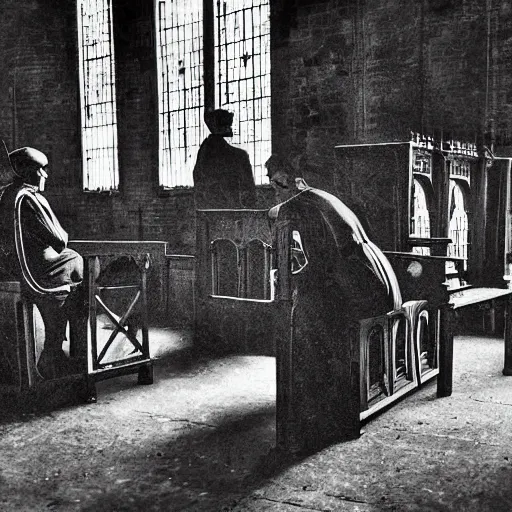 Prompt: photojournalism, old victorian photo, atmospheric, Victorian, Terminator machine skeleton people praying in church made of impossible geometry