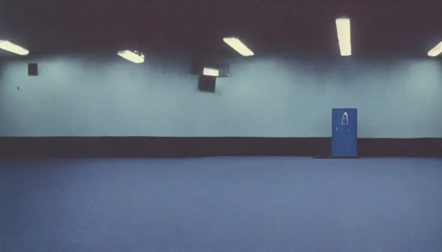 Image similar to 60s movie still of a sovietic stalinist style empty blue ballroom with one man standing, cinestill 800t 50mm eastmancolor, liminal Space style, heavy grain-s 150