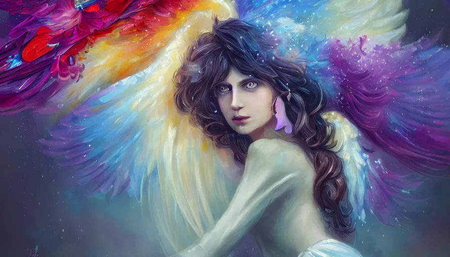 Image similar to a colorful and provenance portrait painting of a angel with her hugeflowers wings spread out gracefully, highly saturated colors, highly detailed, hair made of hair made of air wind and curling smoke, mist, dust, genie, flowers, flower, stars, spirit fantasy concept art, art by charlie bowater and aenami, trending on artstation.