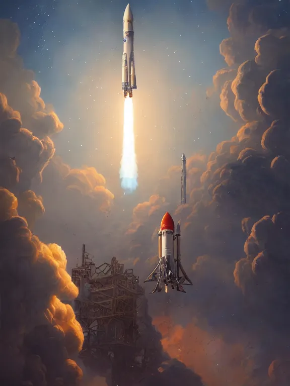 Image similar to photo of 8k ultra realistic rocket launching, nasa, clear sky, full of colour, cinematic lighting, battered, trending on artstation, 4k, hyperrealistic, focused, extreme details,unreal engine 5, cinematic, masterpiece, art by Peter Mohrbacher