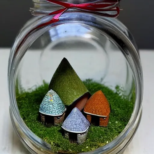 Image similar to photo of a tiny gnome village in a jar.