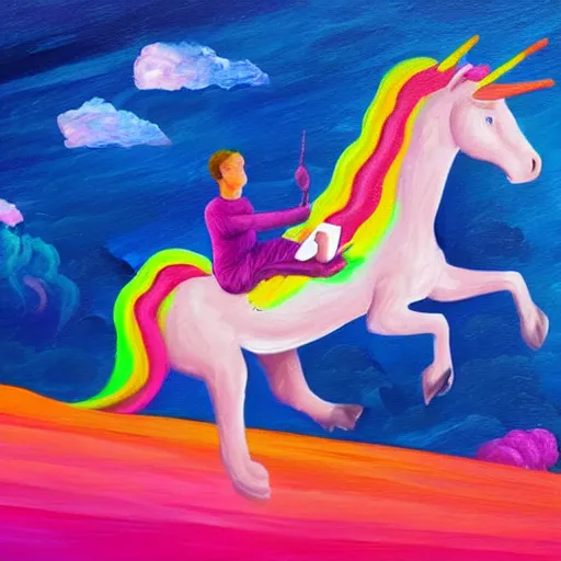 Image similar to Vitalik Buterin riding a unicorn, colorful painting