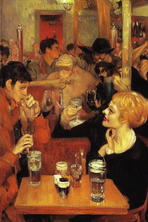 Image similar to lucifer drinking in a modern pub. art by ilya repin.