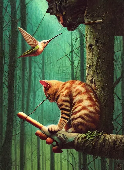 Image similar to a hyper realistic illustrated cat with playing with a hummingbird on its paw in the woods gorgeous lighting, lush forest foliage painting by chiara bautista and beksinski and norman rockwell and greg rutkowski weta studio, and lucasfilm