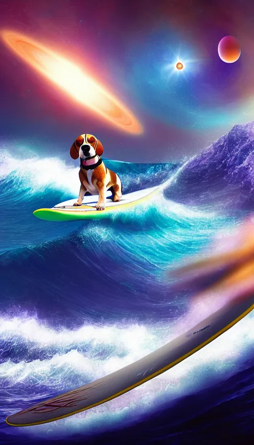 Image similar to beagle dog surfing a surfboard on a crashing l wave of alien ocean in space, background is an alien galaxy, aliens in the background, alien colors, octane render, unreal engine, wide view, 8 k, high detaild